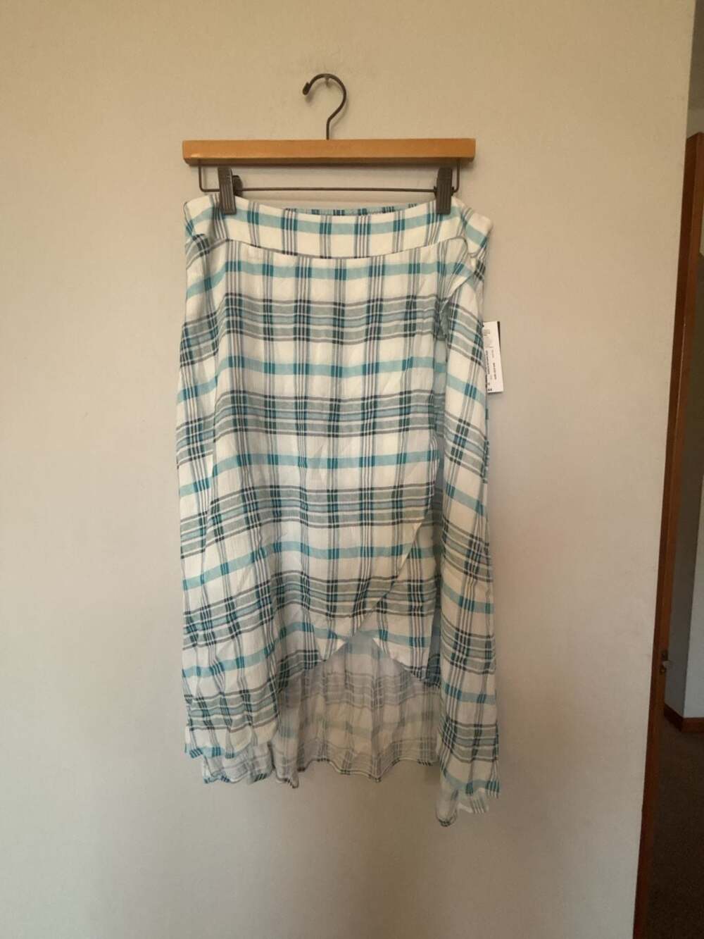 a.n.a A New Approach Blue and White Plaid Mock Wrap High-Low Skirt